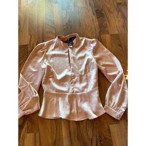 Lulus Satin Peplum Top‎ Mock Neck Long Sleeve Blouse Cutout Back Party Women S